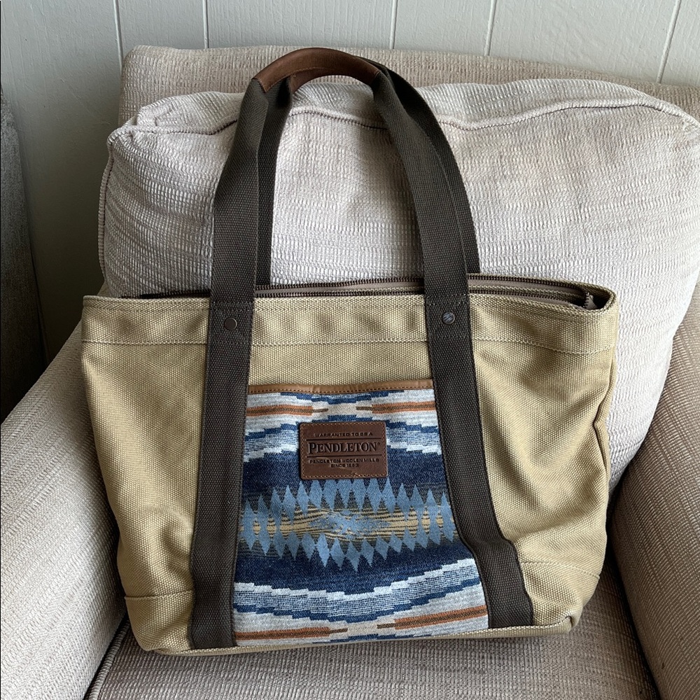 Pendleton Tan & Dark Brown Canvas tote with Blue Pattern
